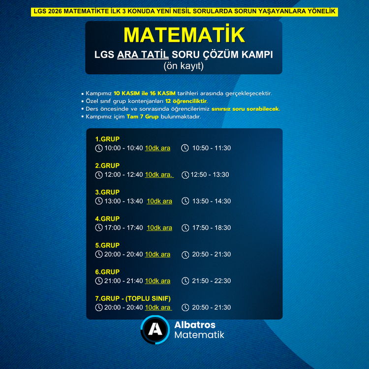10 - 16 Kasım LGS 2026 Matematik ara tatil kampı (10 canlı ders)